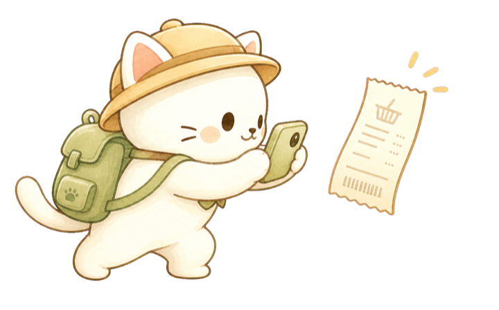 猫のキャラクターがレシートを撮影しているイラスト